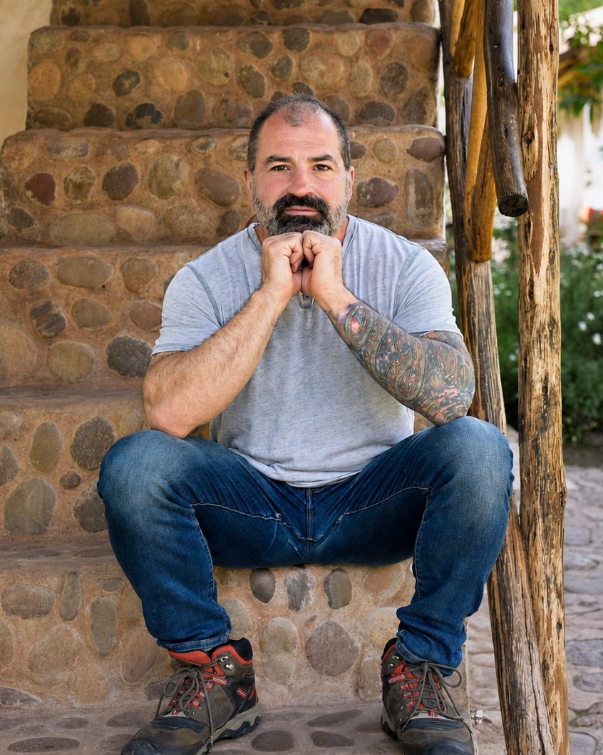 Michael Tierno seated on stone steps